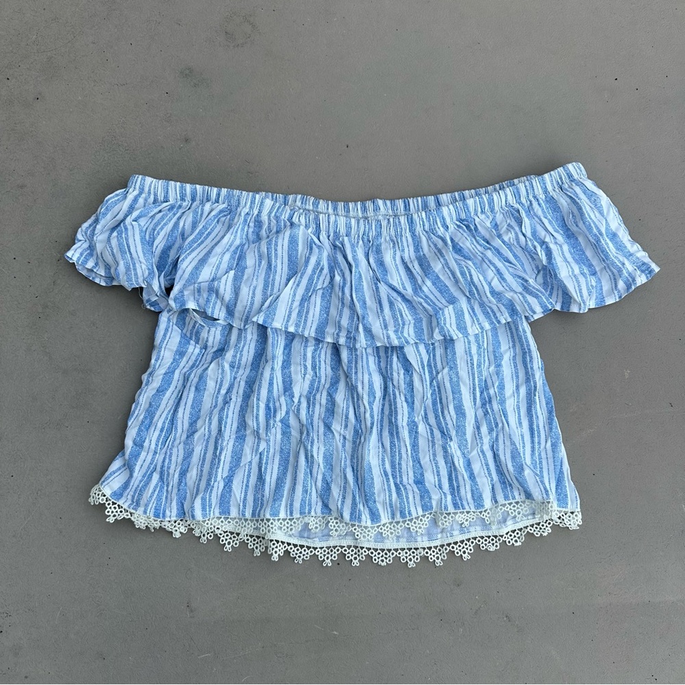 Altar'd State Blue and White Ruffle Top